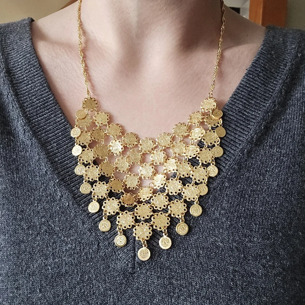 Vintage Gold Coin Medallion Bib Statement Necklace